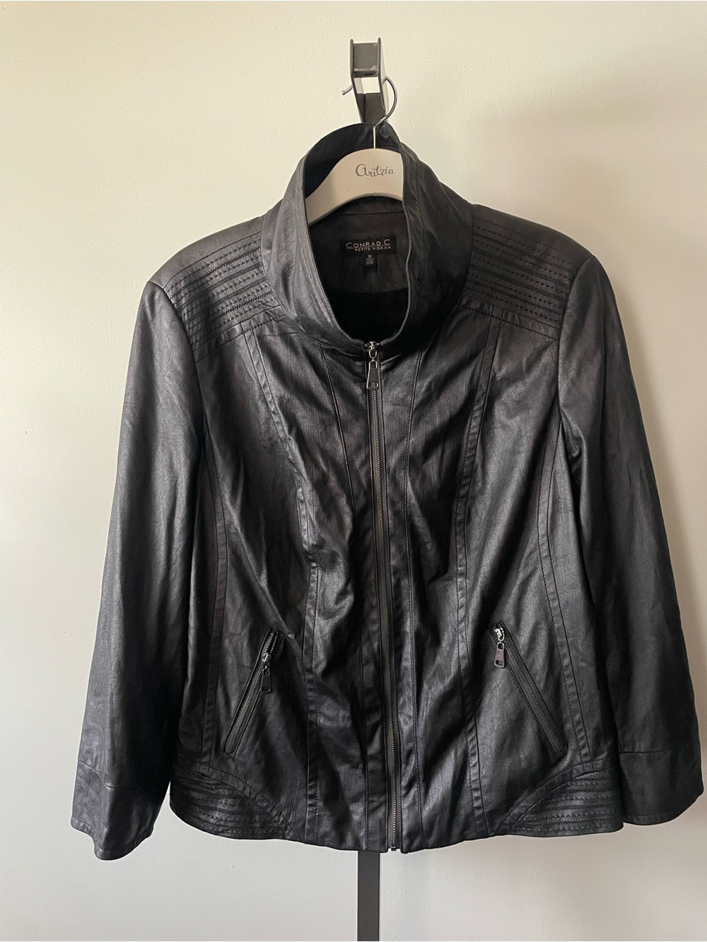 Y2K Vintage Conrad C Faux Leather Stitched Moto Jacket Petite Plus Size